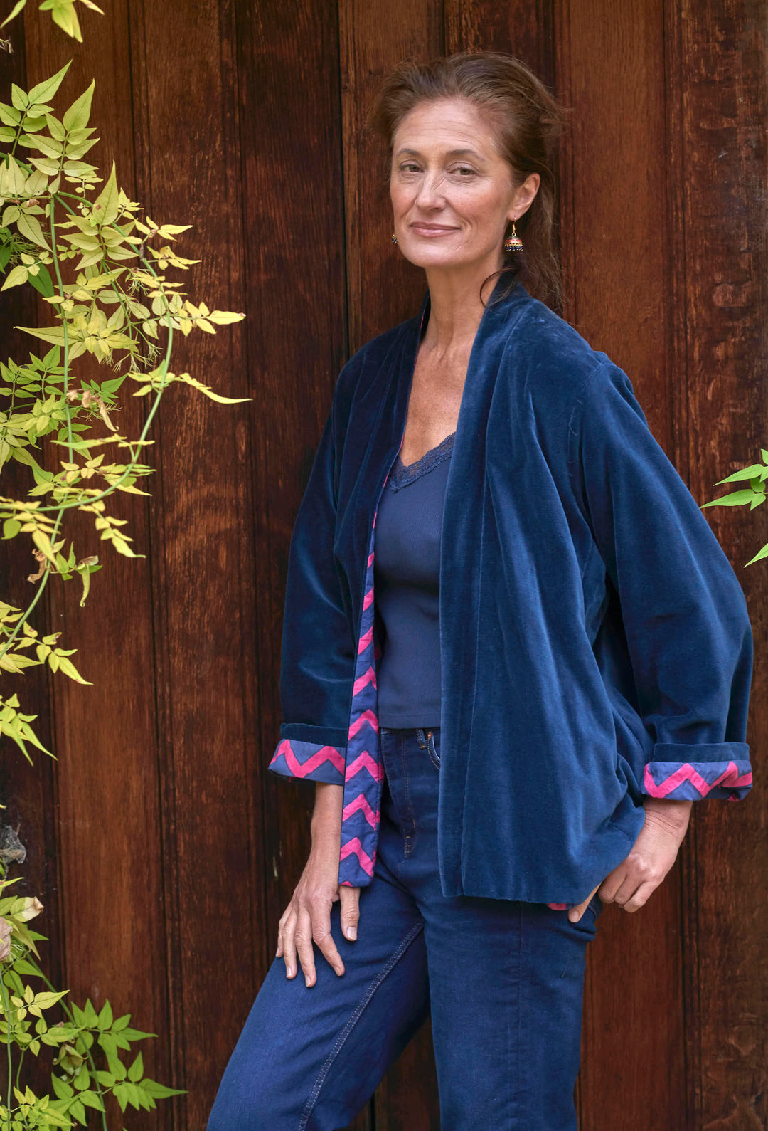 'Patna' Cotton Velvet | Navy & Pink Zig-Zag