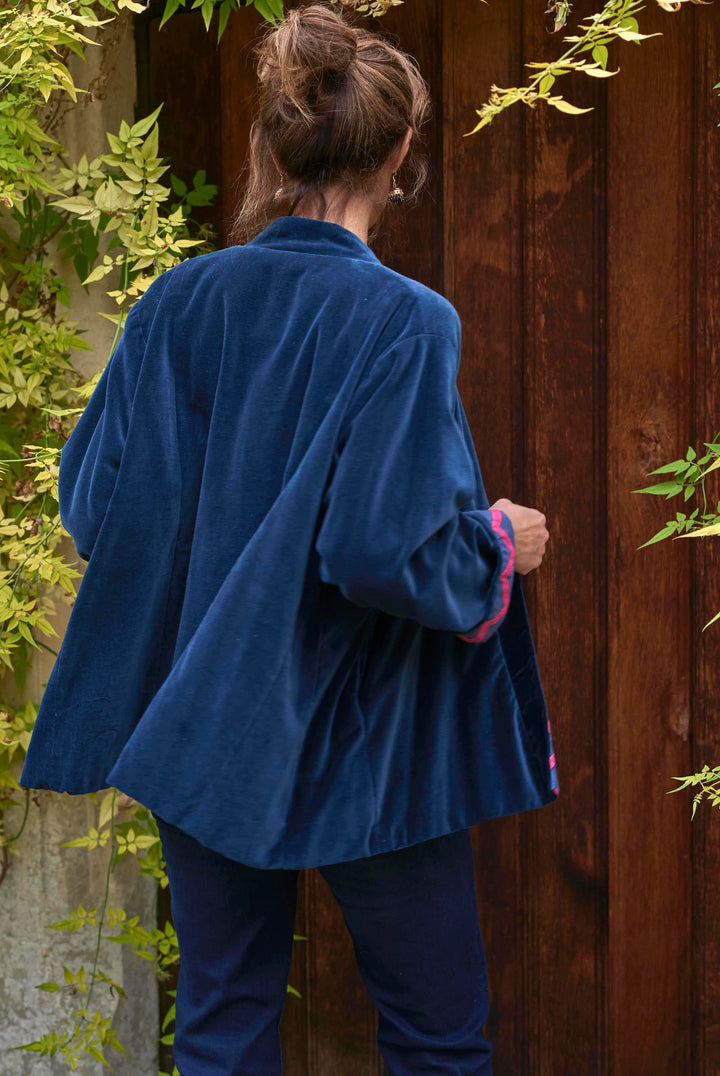 'Patna' Cotton Velvet | Navy & Pink Zig-Zag