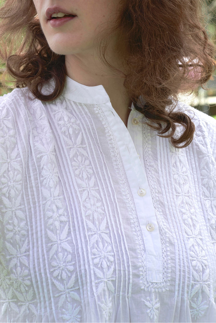 'Chana' Hand Embroidered Cotton Top / White
