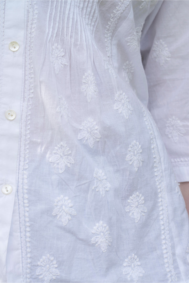 'Kheera' Cotton Embroidered Long Shirt / White