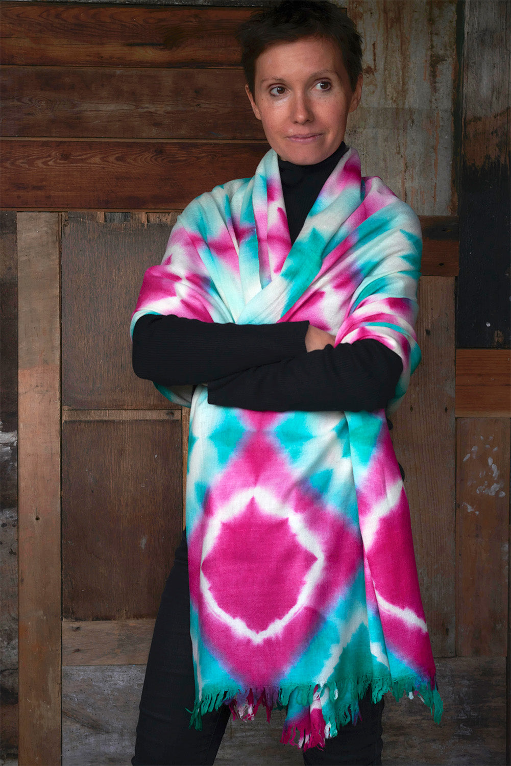 Pure wool Scarf | Turquoise Pink Star