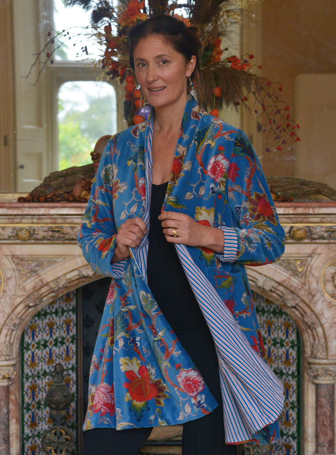 'Nika' Cotton Velvet Jacket | Turquoise Flower