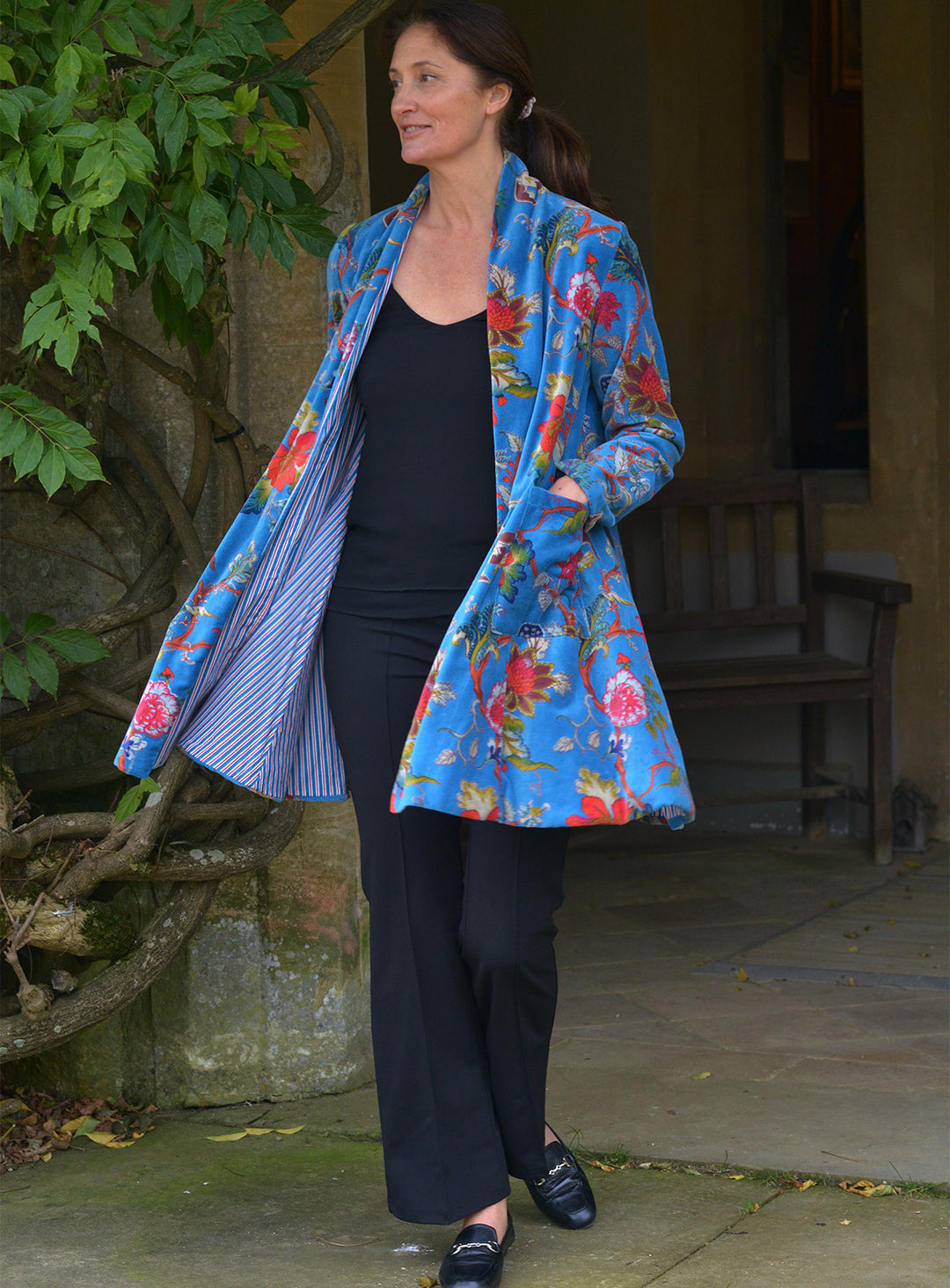 'Nika' Cotton Velvet Jacket | Turquoise Flower