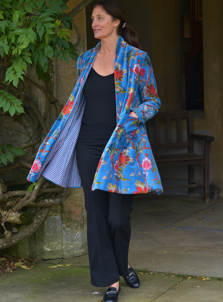 'Nika' Cotton Velvet Jacket | Turquoise Flower