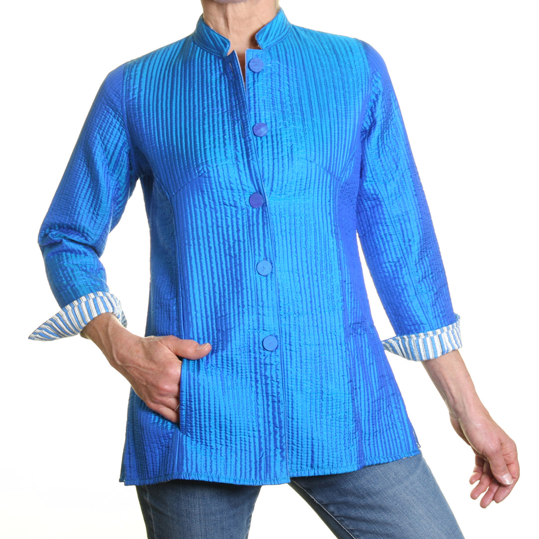 Silk Opera Blazer - Reversible Peacock Blue with Blue and White Stripe Print Lining | Tania Llewellyn Designs