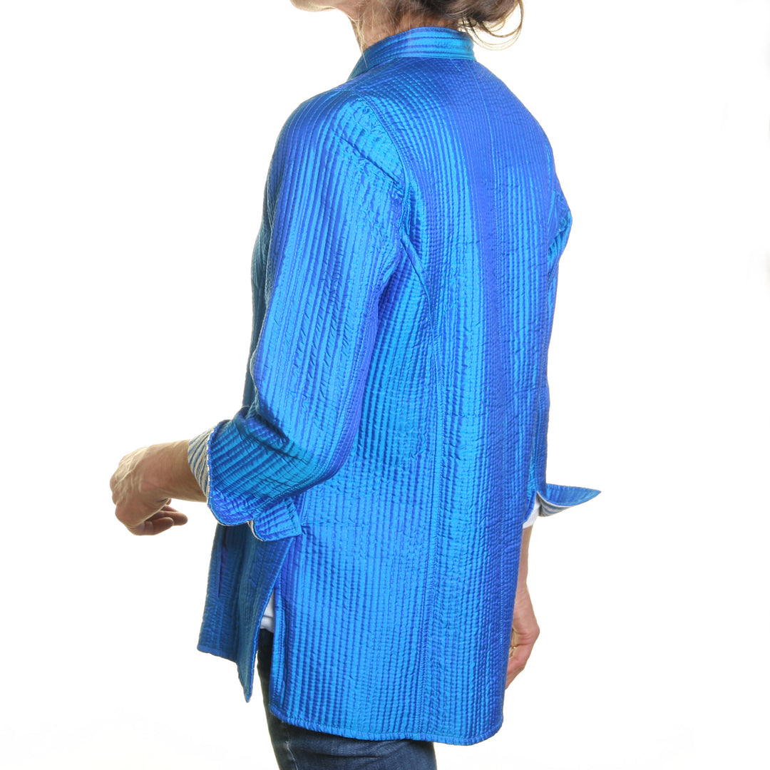 Silk Opera Blazer - Reversible Peacock Blue with Blue and White Stripe Print Lining | Tania Llewellyn Designs
