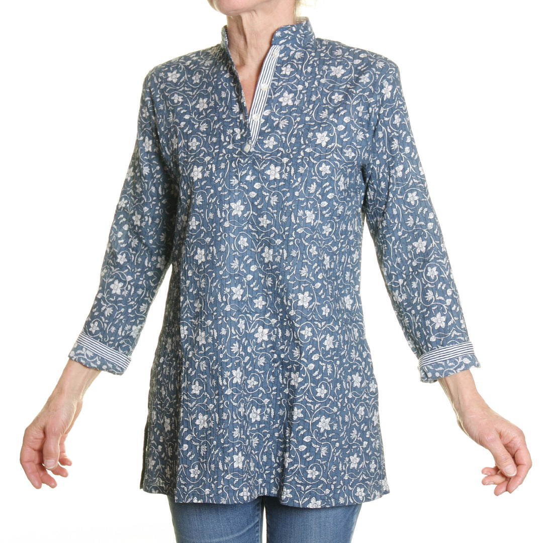 Pintuk Cotton Top - French Blue Print | Tania Llewellyn Designs