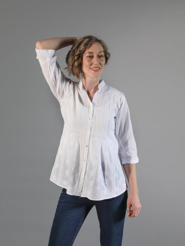 'Kheera' Cotton Embroidered Short Shirt / White | Tania Llewellyn Designs