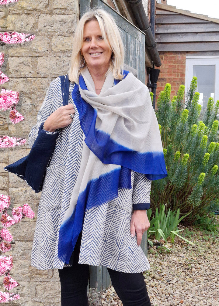 'Lara' Blue Fine Silk & Wool Scarf