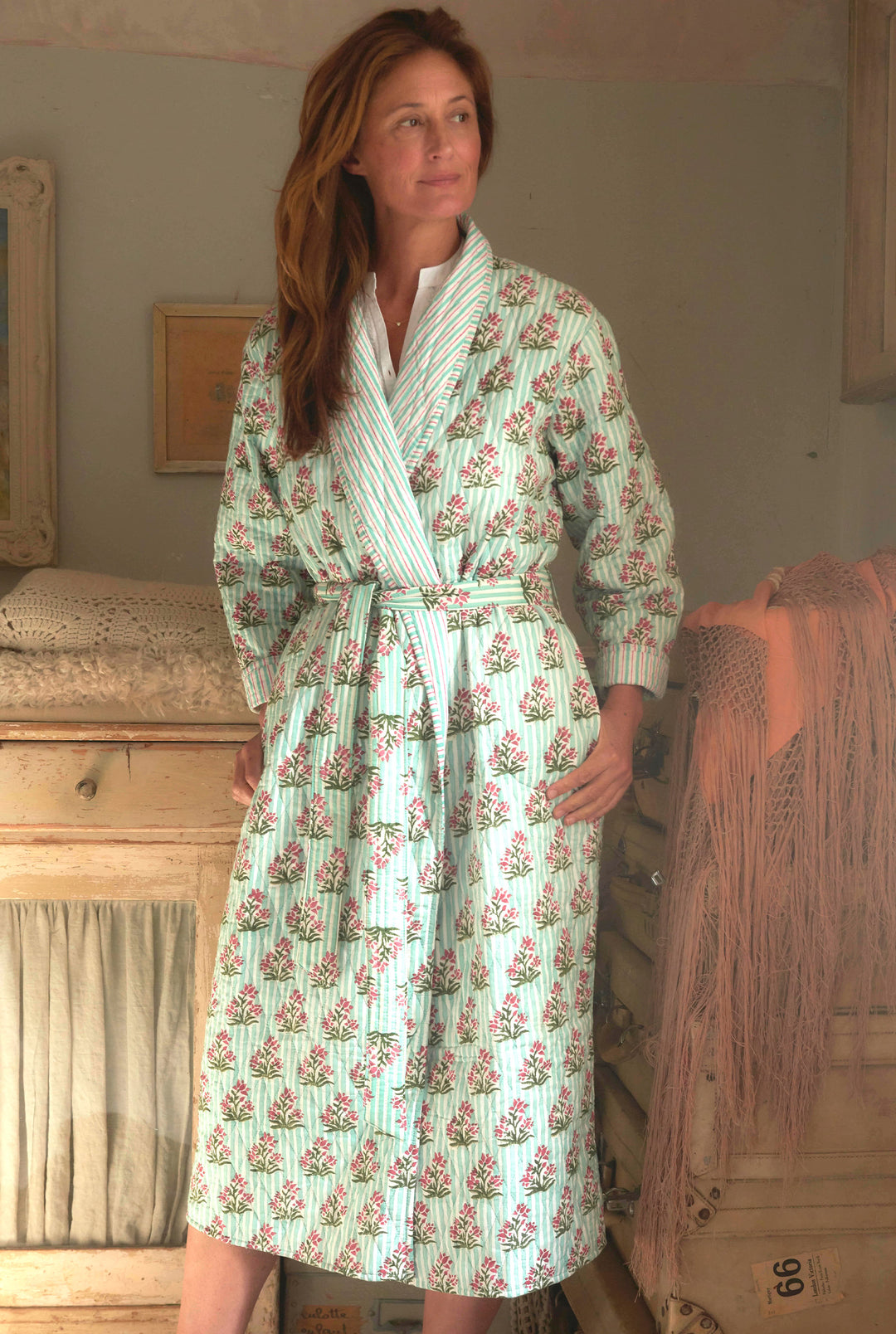 'Whispering Mint' quilted cotton Dressing Gown