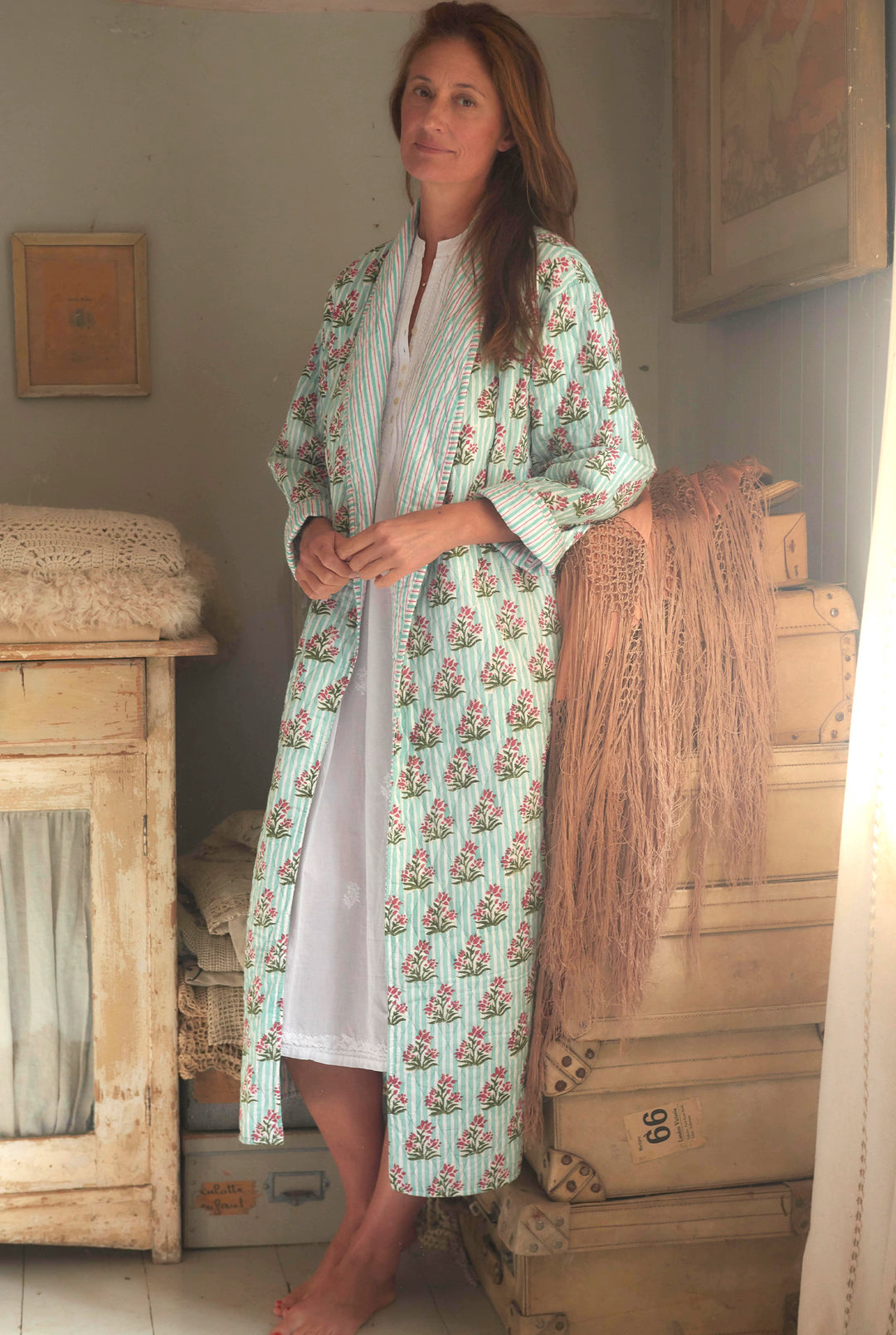 'Whispering Mint' quilted cotton Dressing Gown