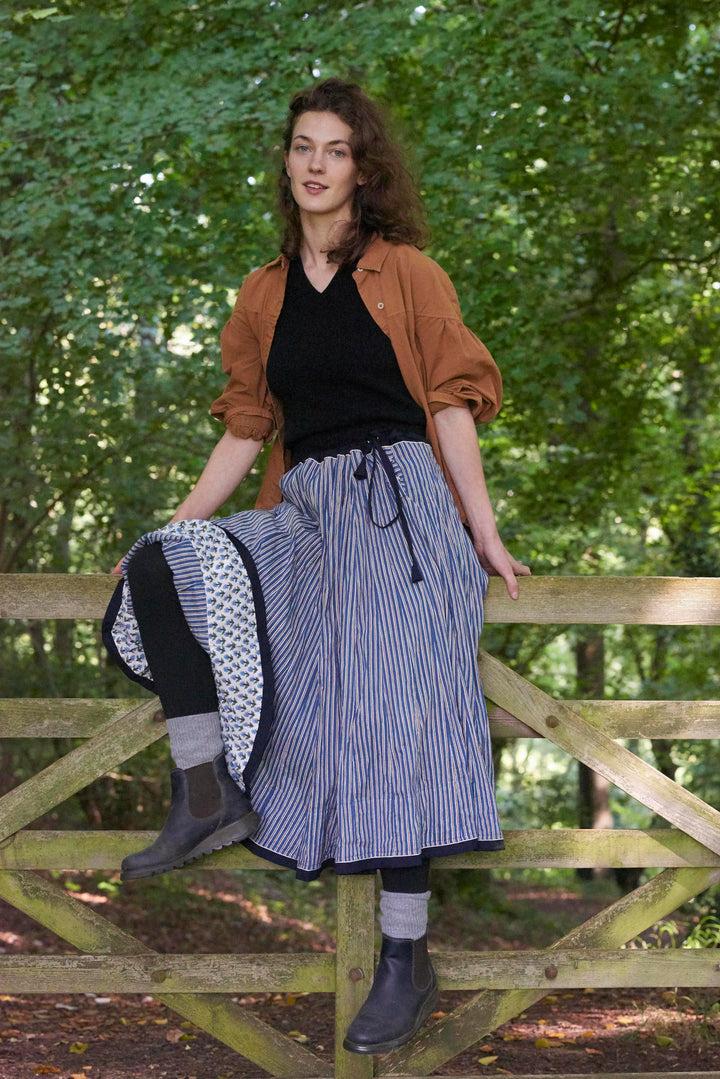 Cotton Striped Skirt / Denim Blue