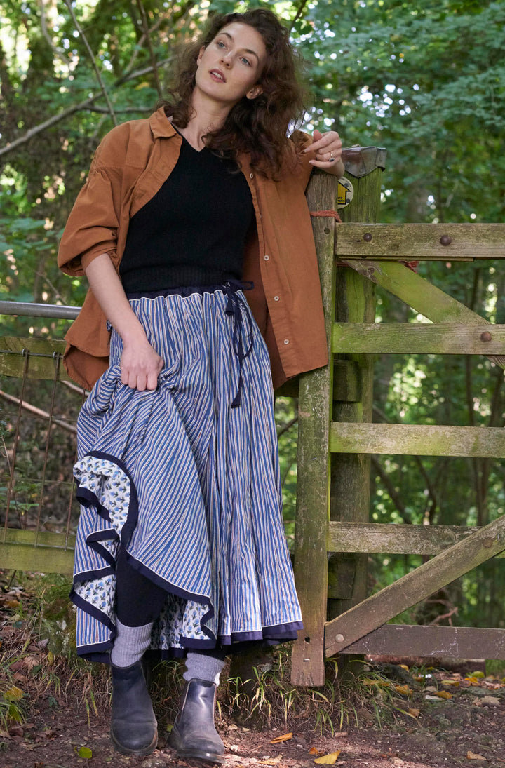 Cotton Striped Skirt / Denim Blue