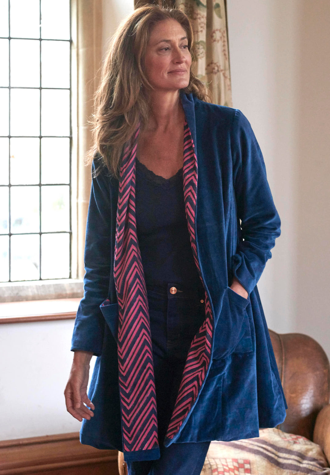 'Nika' Cotton Velvet Jacket | Plain Navy & Zig-Zag lining