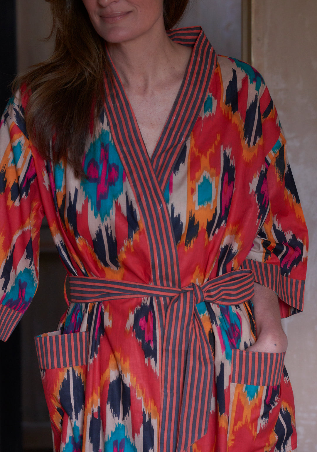 Cotton Dressing Gown | Fire Ikat Print