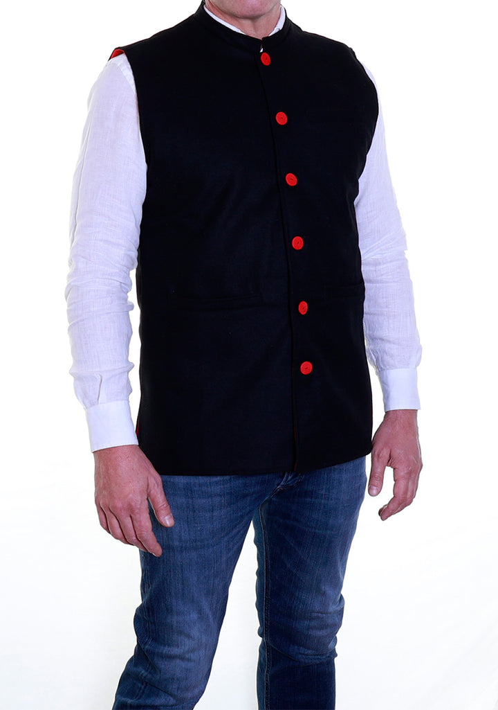 Felted Wool Nehru Gilet | Black/Red | ARCHIVE Size XXL