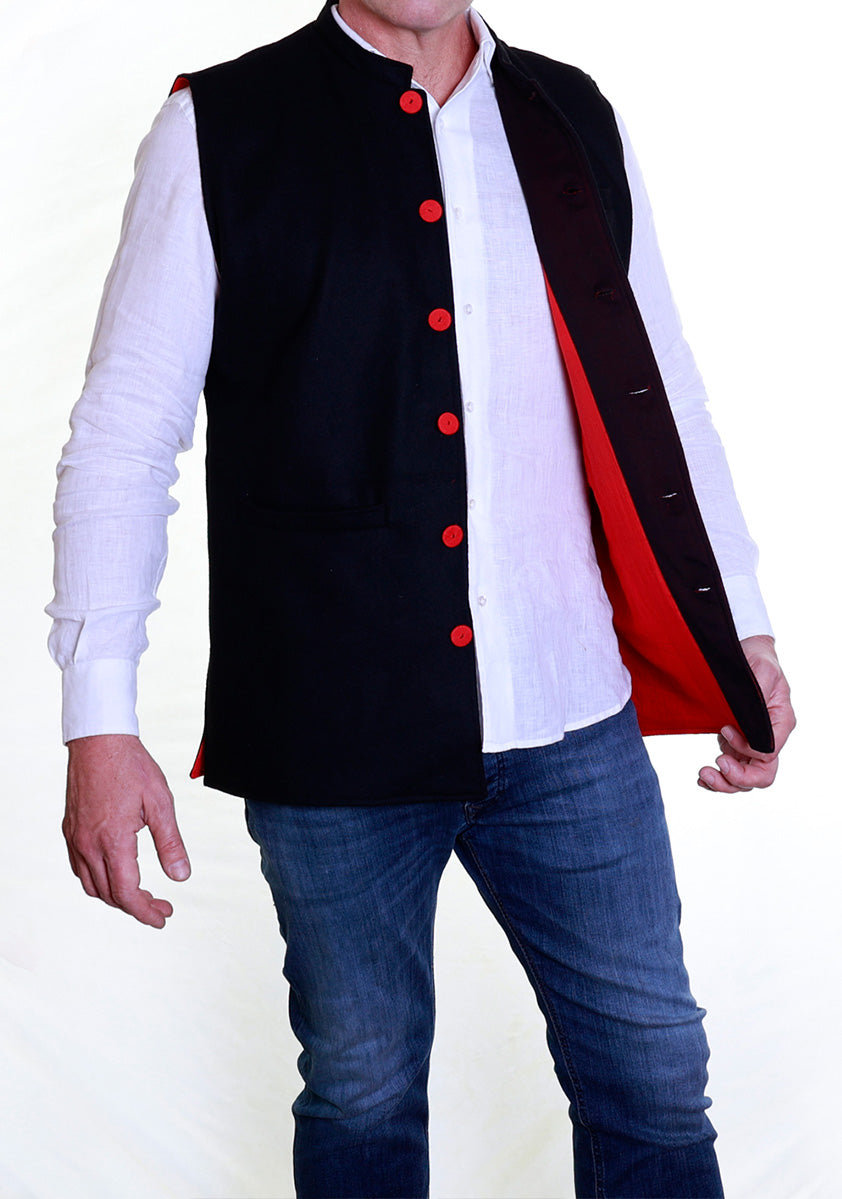 Felted Wool Nehru Gilet | Black/Red | ARCHIVE Size XXL