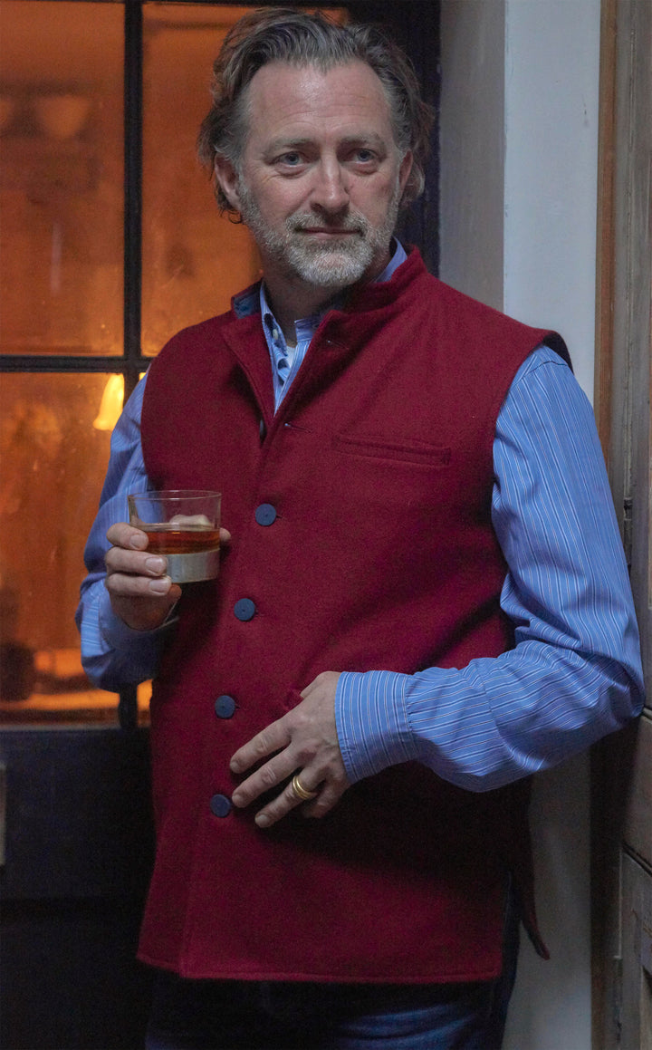 Felted Wool Nehru Gilet | Burgundy / Blue