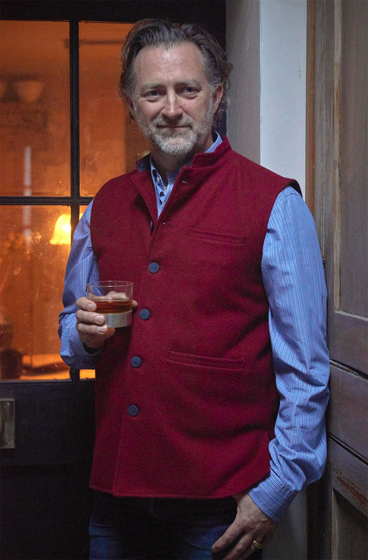 Felted Wool Nehru Gilet | Burgundy / Blue