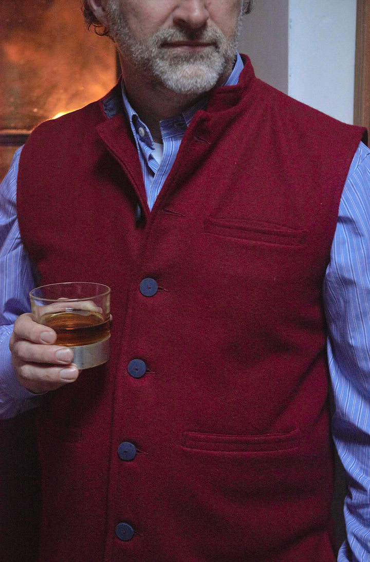 Felted Wool Nehru Gilet | Burgundy / Blue