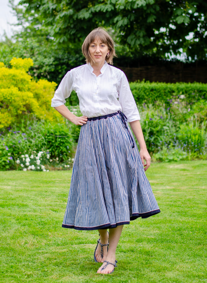 Cotton Striped Skirt / Denim Blue