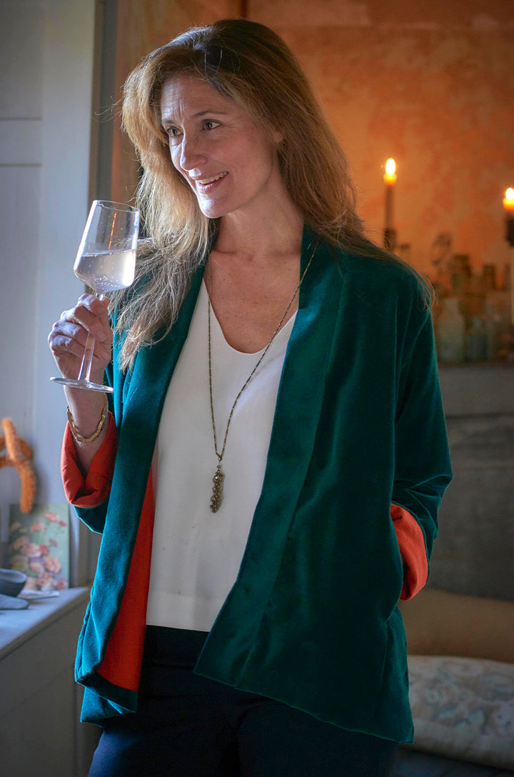 'Basmati' Cotton Velvet | Bottle Green / Pumpkin