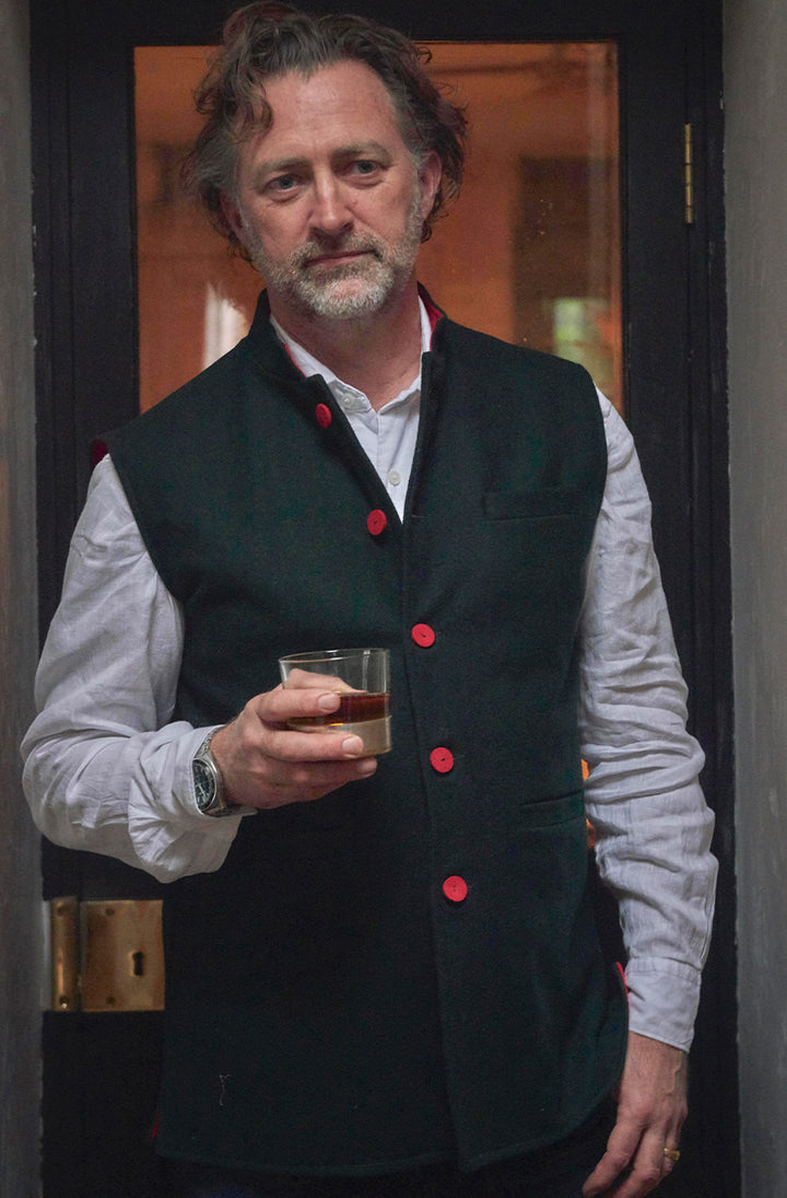 Felted Wool Nehru Gilet | Bottle Green / Red