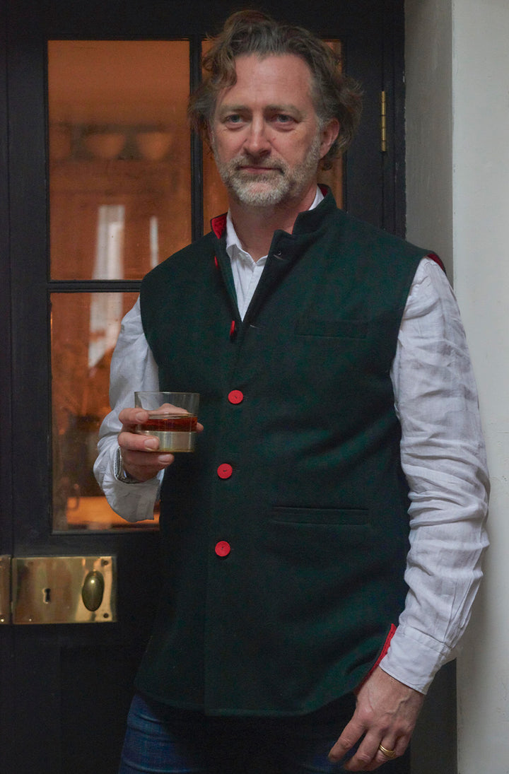 Felted Wool Nehru Gilet | Bottle Green / Red
