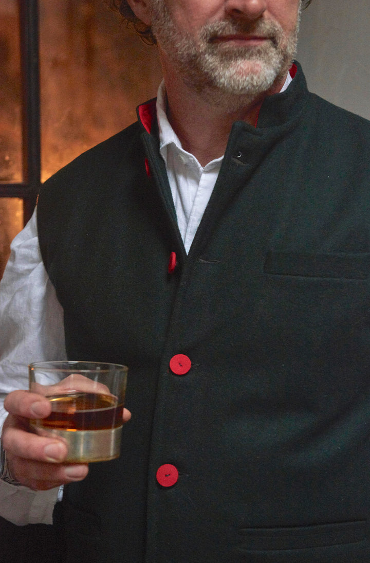 Felted Wool Nehru Gilet | Bottle Green / Red