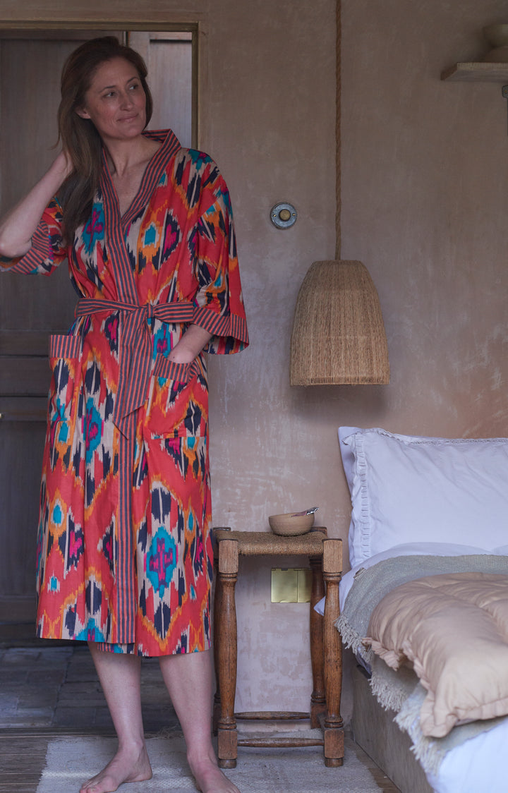 Cotton Dressing Gown | Fire Ikat Print