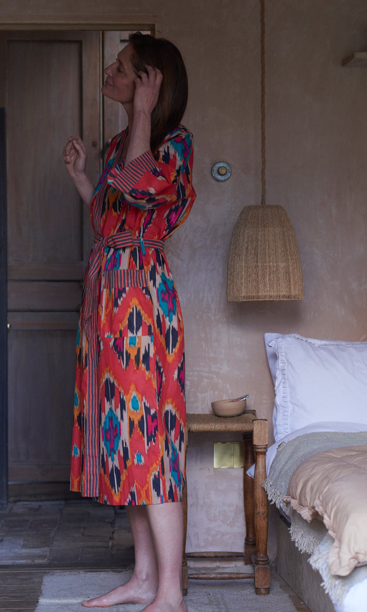 Cotton Dressing Gown | Fire Ikat Print