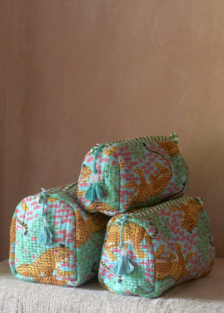 Hand block-printed Sponge Bags (Set of 3) | Mint Leopard