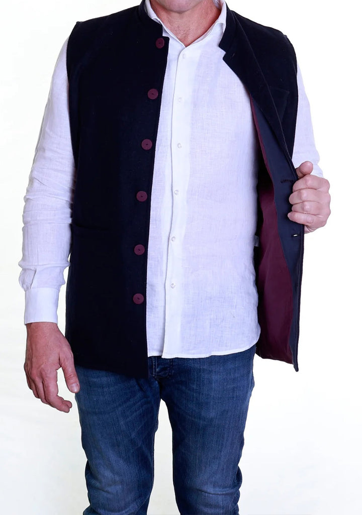 Felted Wool Nehru Gilet | Navy/Aubergine | ARCHIVE