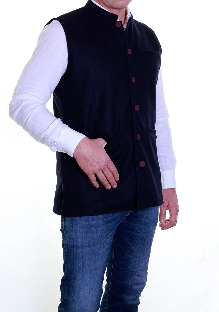 Felted Wool Nehru Gilet | Navy/Aubergine | ARCHIVE