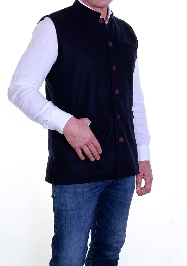 Felted Wool Nehru Gilet | Navy/Aubergine | ARCHIVE