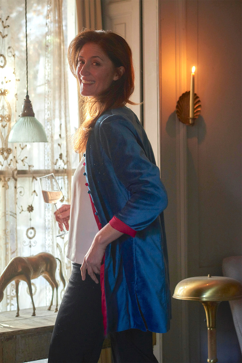 'Sharwani' Plain Cotton Velvet | Navy / Hot Pink