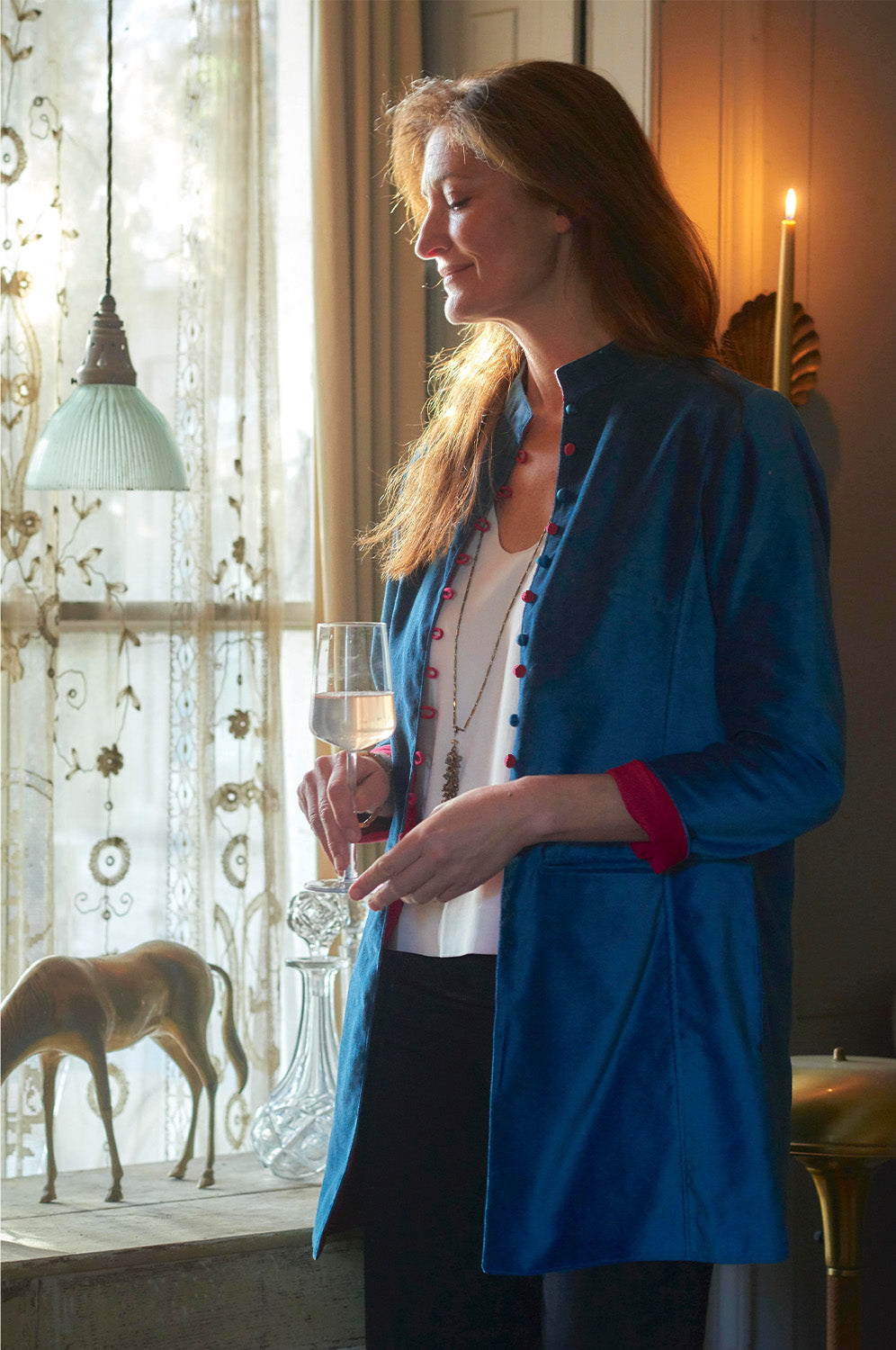 'Sharwani' Plain Cotton Velvet | Navy / Hot Pink