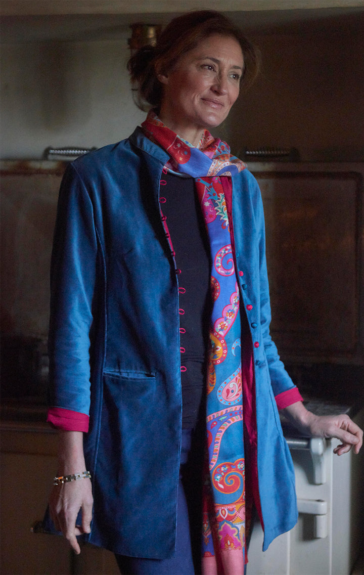 'Sharwani' Plain Cotton Velvet | Navy / Hot Pink