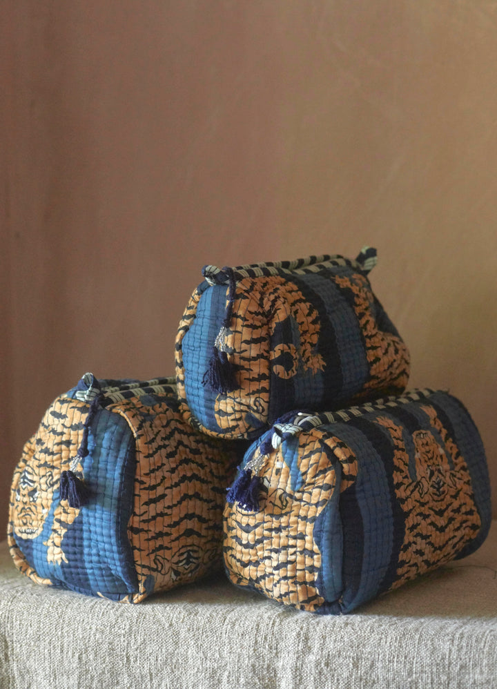 Hand block-printed Sponge Bags (Set of 3) | Navy Tiger
