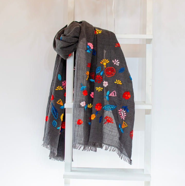 'Florita' Hand-embroidered Scarf