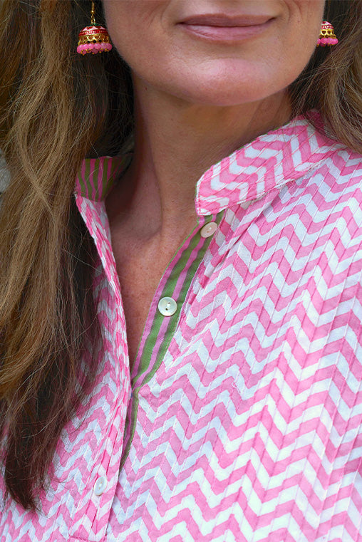 Pintuck Cotton Top | Pink Chevron