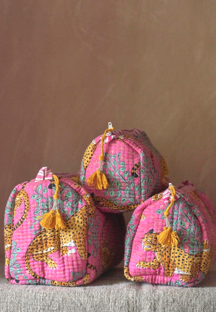 Hand block-printed Sponge Bags (Set of 3) | Pink Leopard