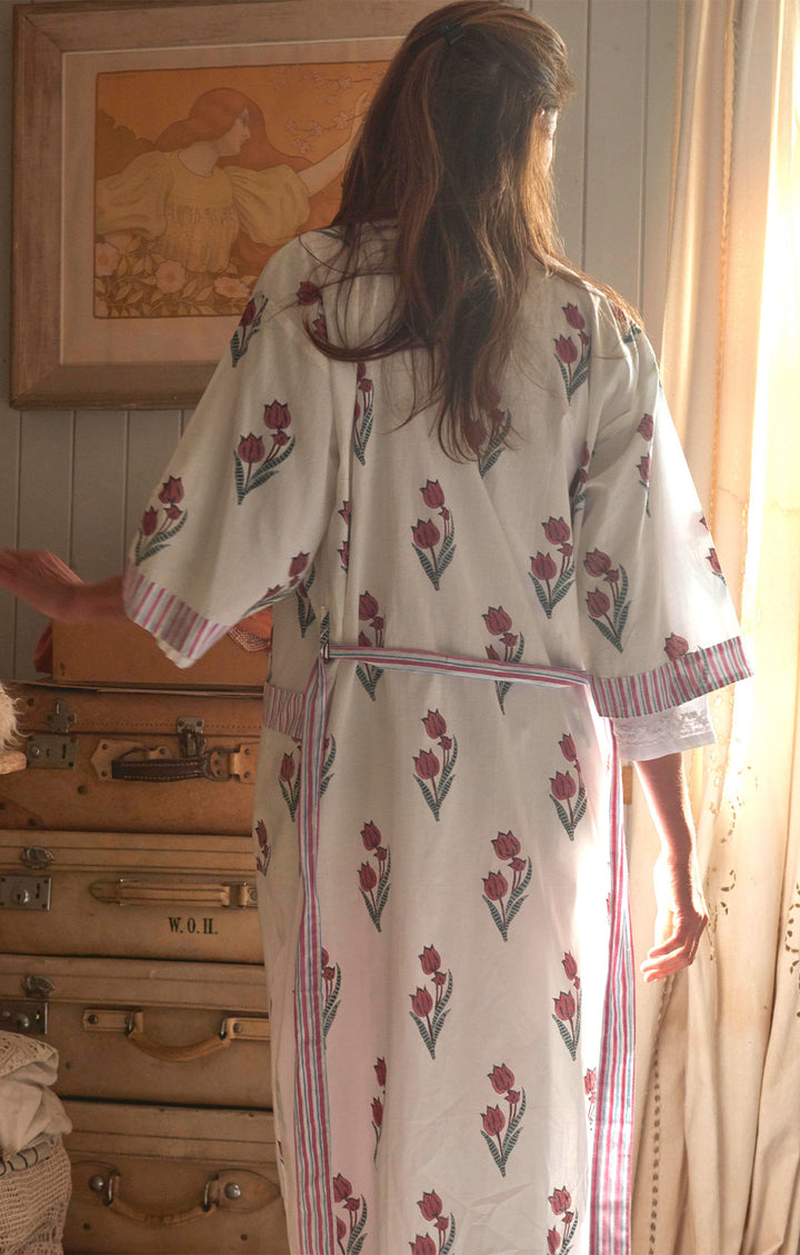Cotton Dressing Block-printed Gown | Pink Tulip