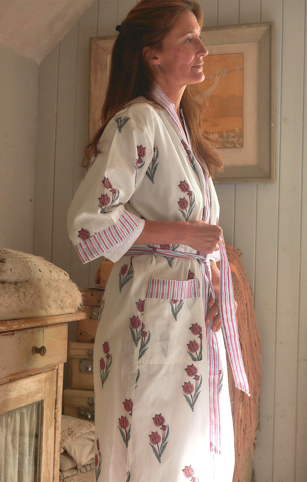 Cotton Dressing Block-printed Gown | Pink Tulip