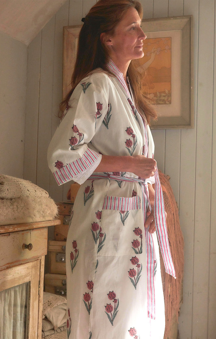 Cotton Dressing Block-printed Gown | Pink Tulip