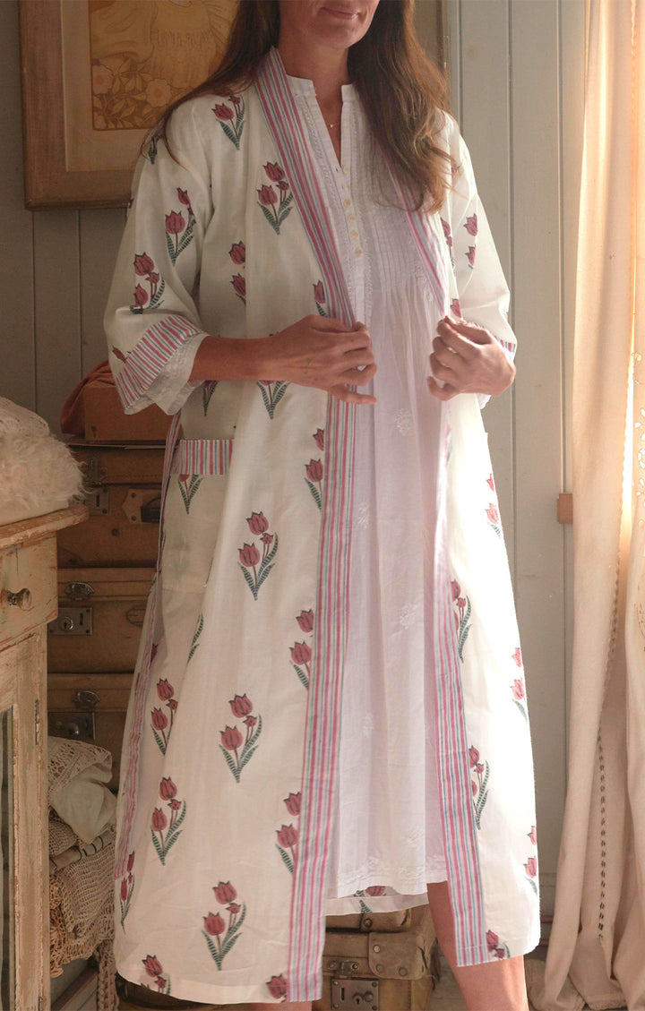 Cotton Dressing Block-printed Gown | Pink Tulip