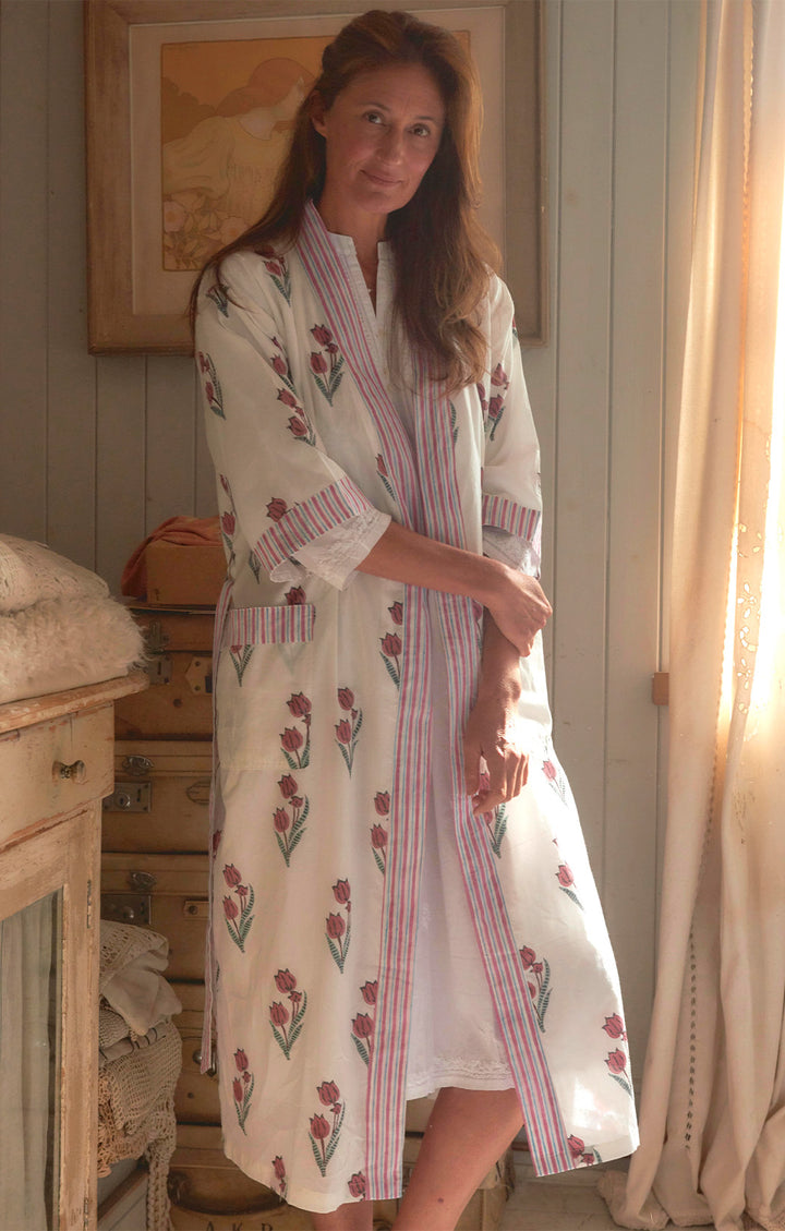 Cotton Dressing Block-printed Gown | Pink Tulip
