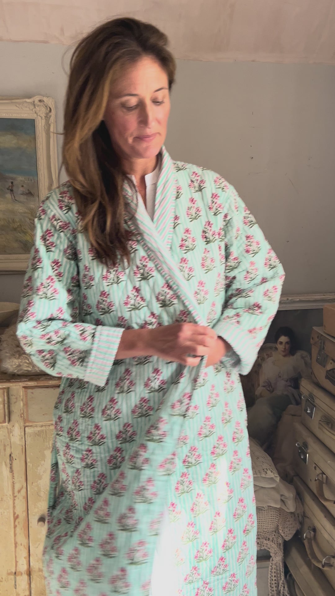 'Whispering Mint' quilted cotton Dressing Gown