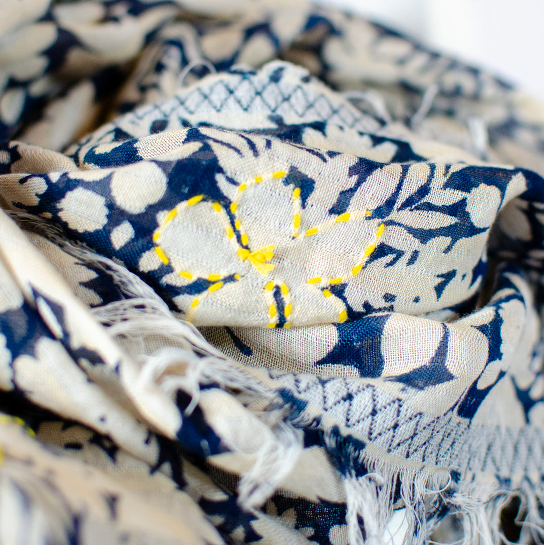 'Primrose' Cotton Hand-embroidered Scarf