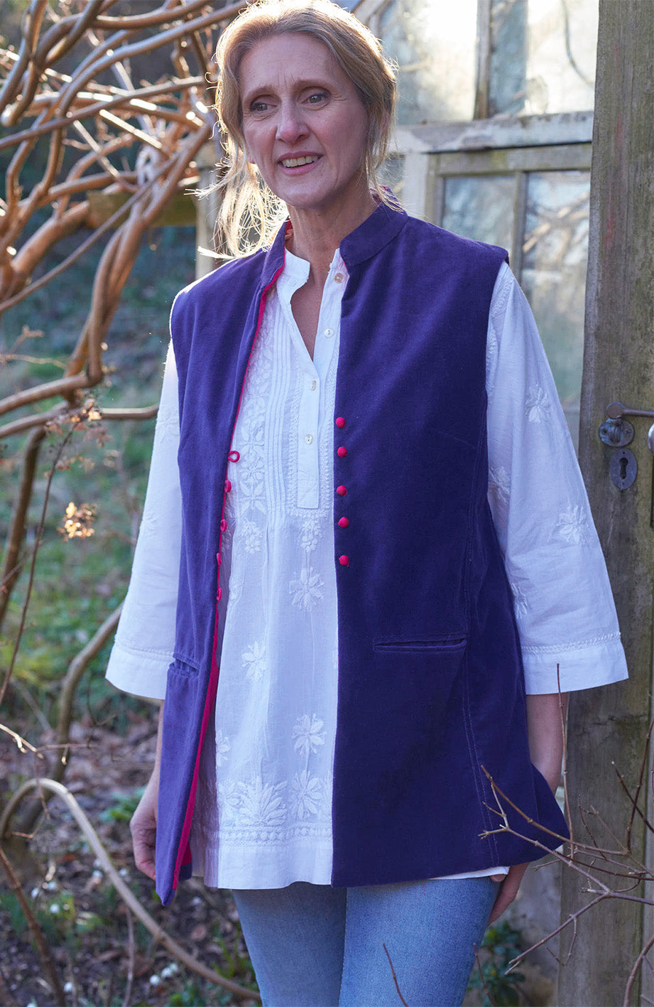 Cotton Velvet Waistcoat | Purple & Hot Pink